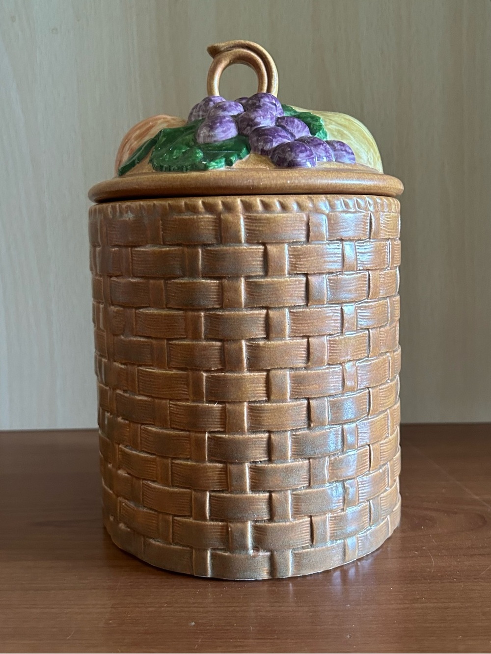 Decorative Basket Weave Ceramic Canister with Grape Motif - Home Accent